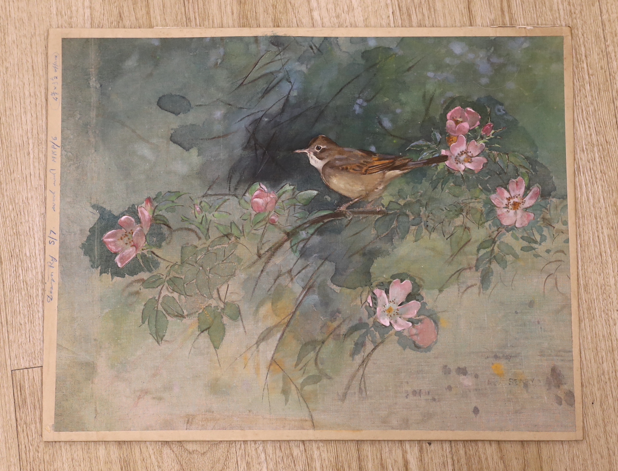 Allen William Seaby (1867-1953), mixed media and gouache on linen, ‘Whitethroat on wild rose bush’, signed, 34 x 43cm